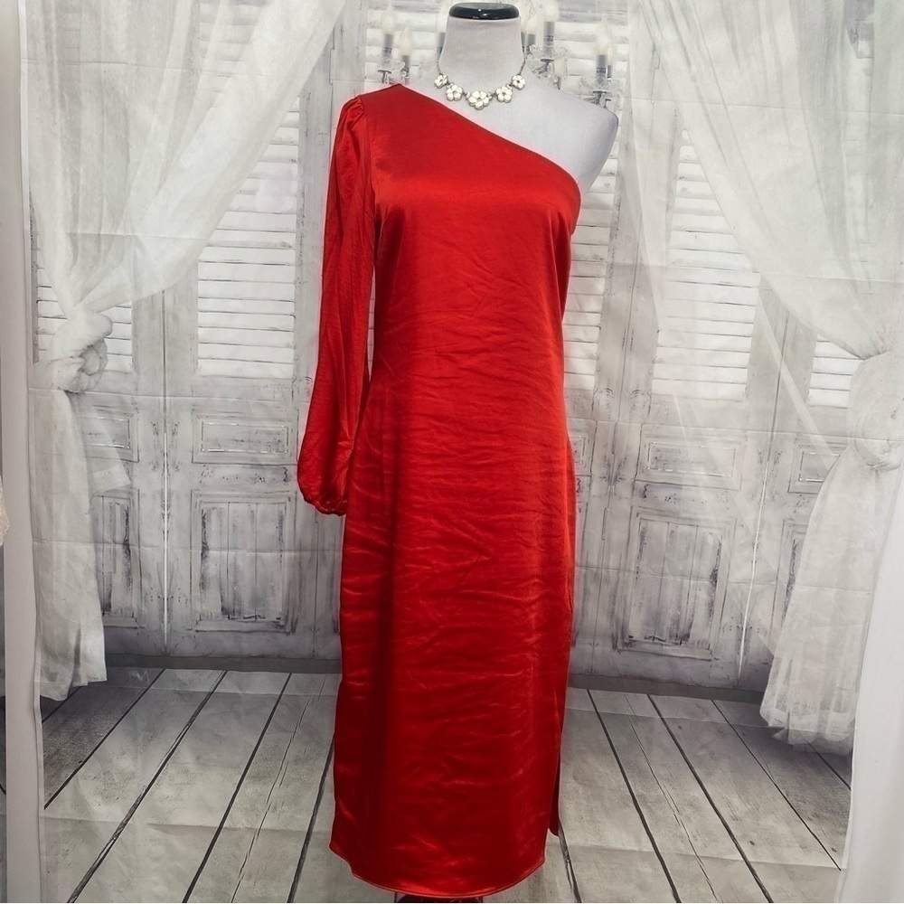 Skies Are Blue Medium One Shoulder Long Sleeve Solid Red Dress Satin Midi Slit